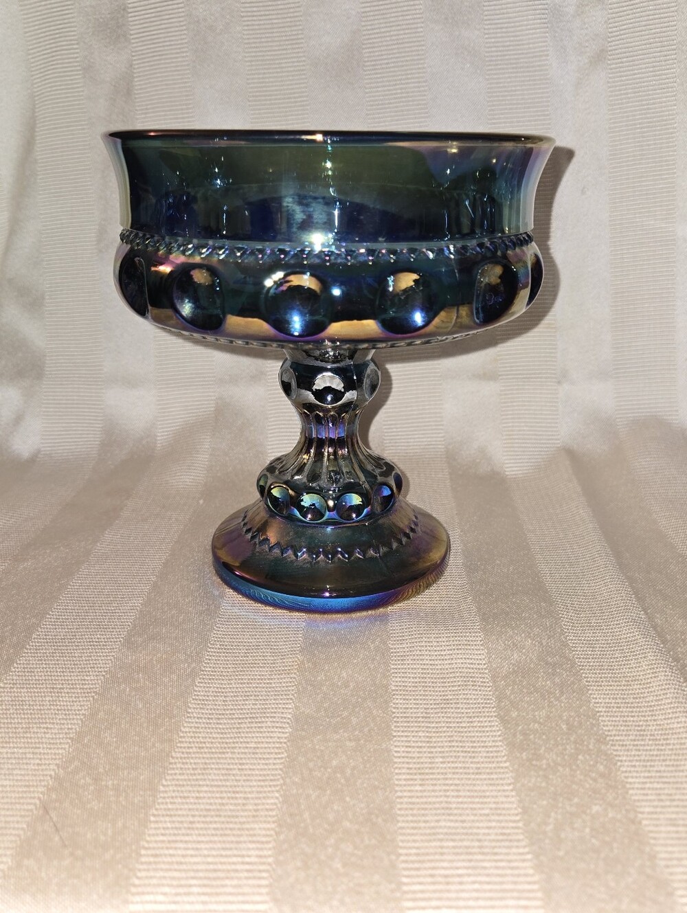 Iridescent Carnival Blue Glass Compote Pedestal Bowl Candy Dish